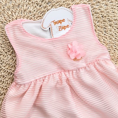 Vestido Canelado com Tule e Florzinha - Rosa